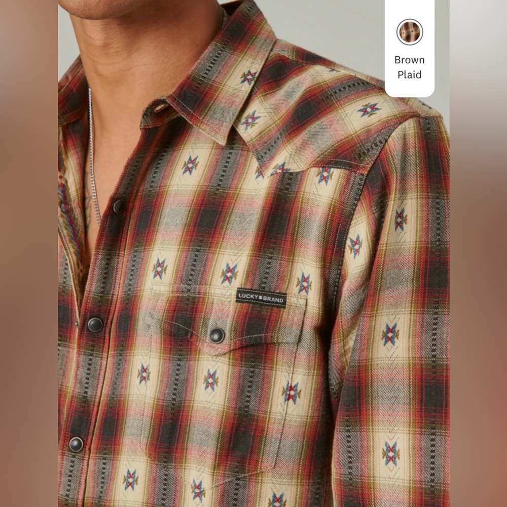 Lucky Brand men’s Plaid Dobby Western Long Sleeve Shirt, brown tan size medium M - Picture 3 of 7